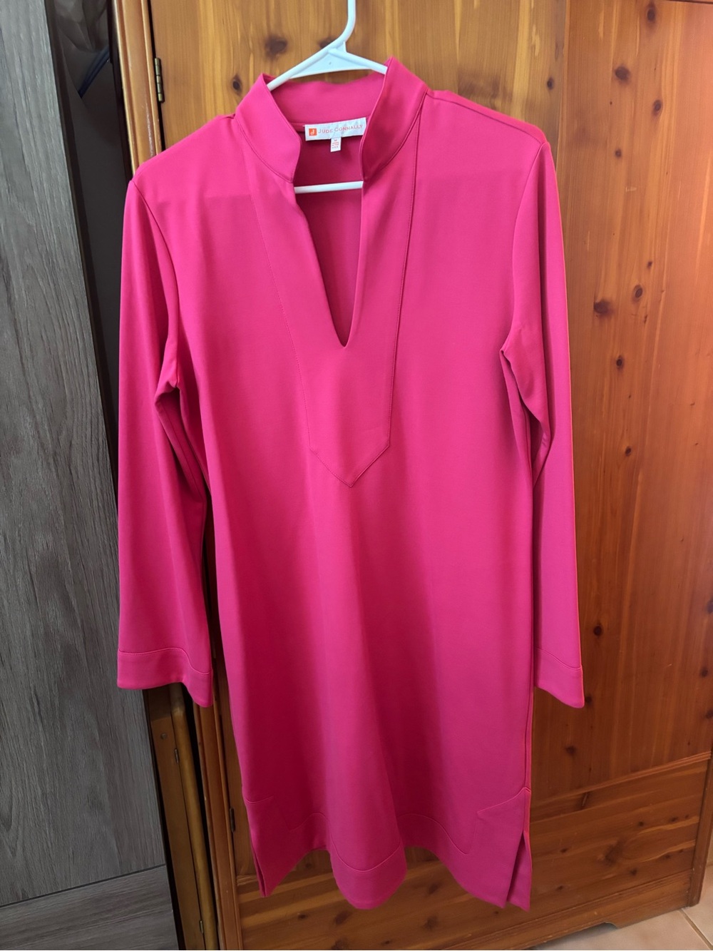Jude Connally Hot Pink V-Notch Long Sleeve Dress